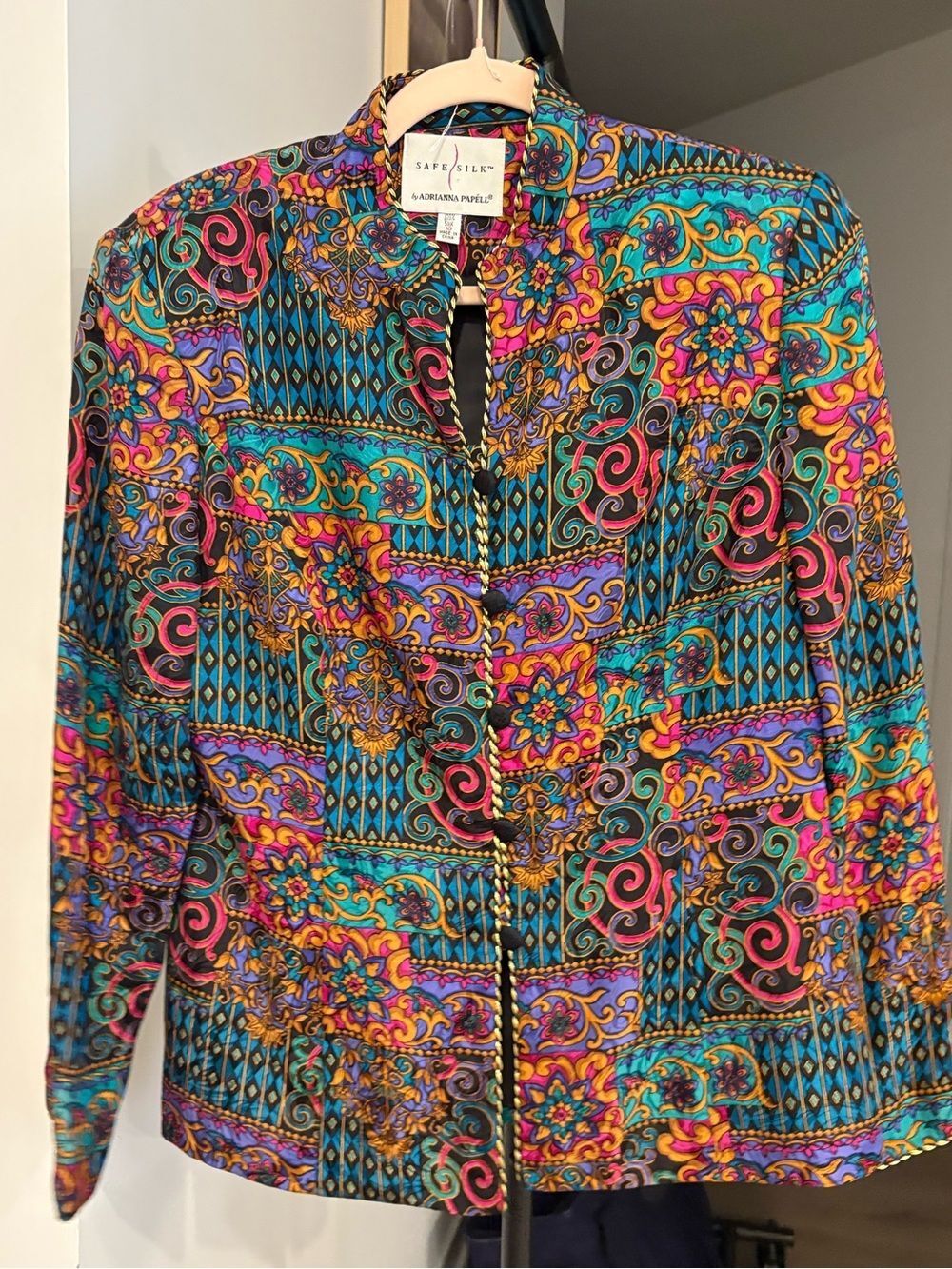Vintage Adrianna Papell Multicolor Ornate Printed Silk Blouse with Gold Trim